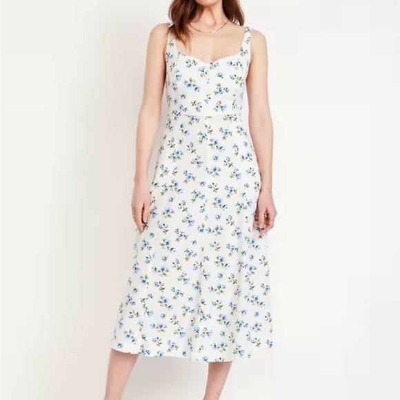 OLD NAVY 🆕 NWT Fit & Flare Sleeveless Linen-Blend Midi Dress, Light Blue Floral - Picture 1 of 7